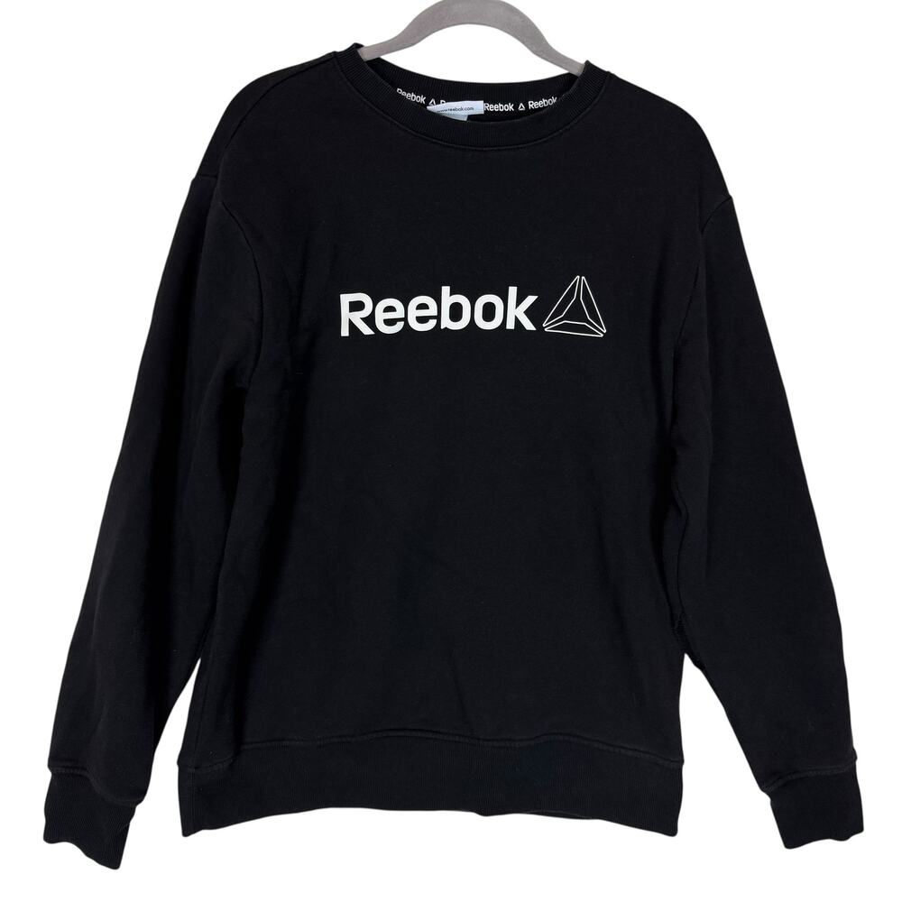 Reebok Sweatshirt Mens Medium Black Cotton Logo Fleece Lined Crew Neck Pullover